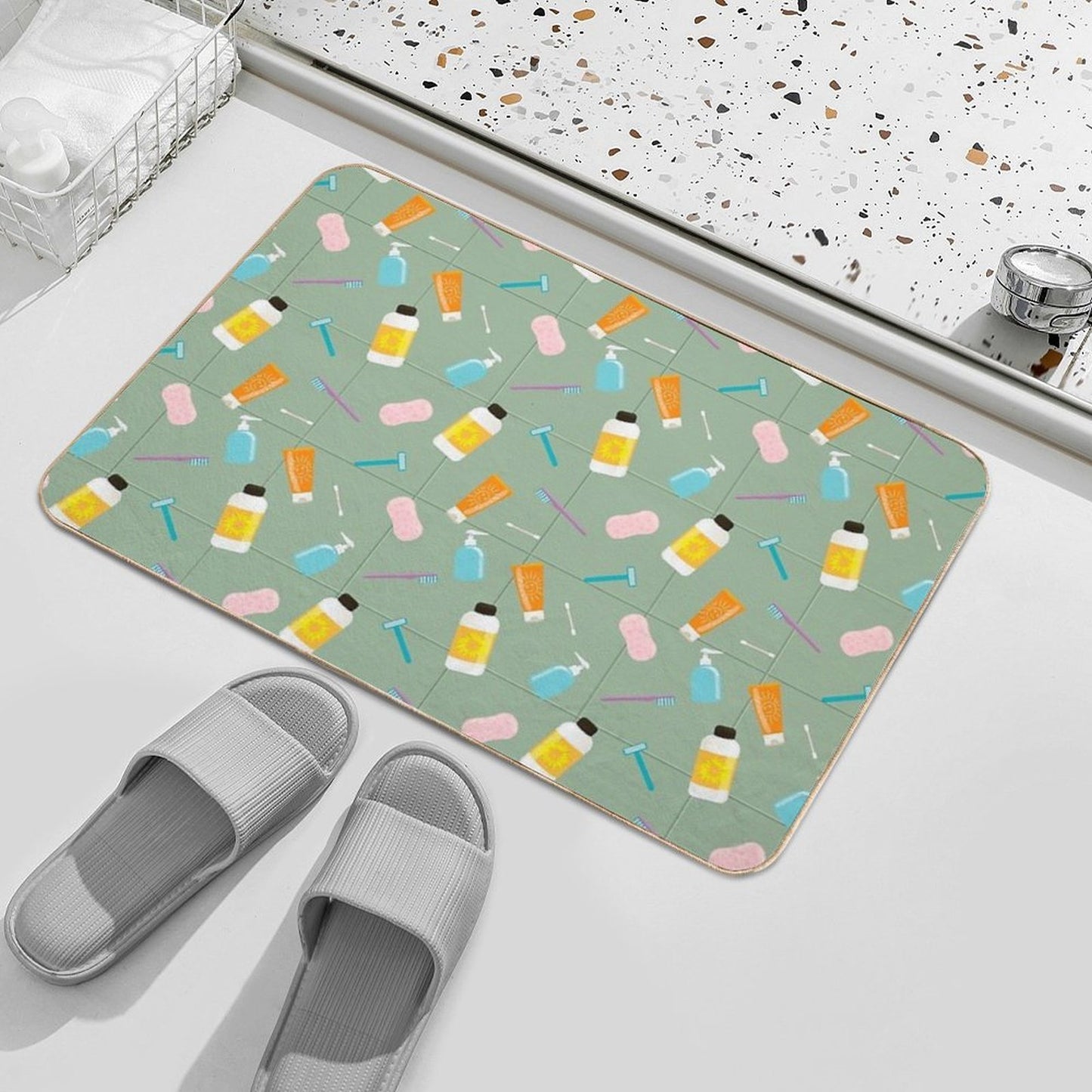 Seamless Vector Pattern of Bath Tubes, Bottles, Razers And Sponges Against Olive Tiled Wall Odorless Bath Mat