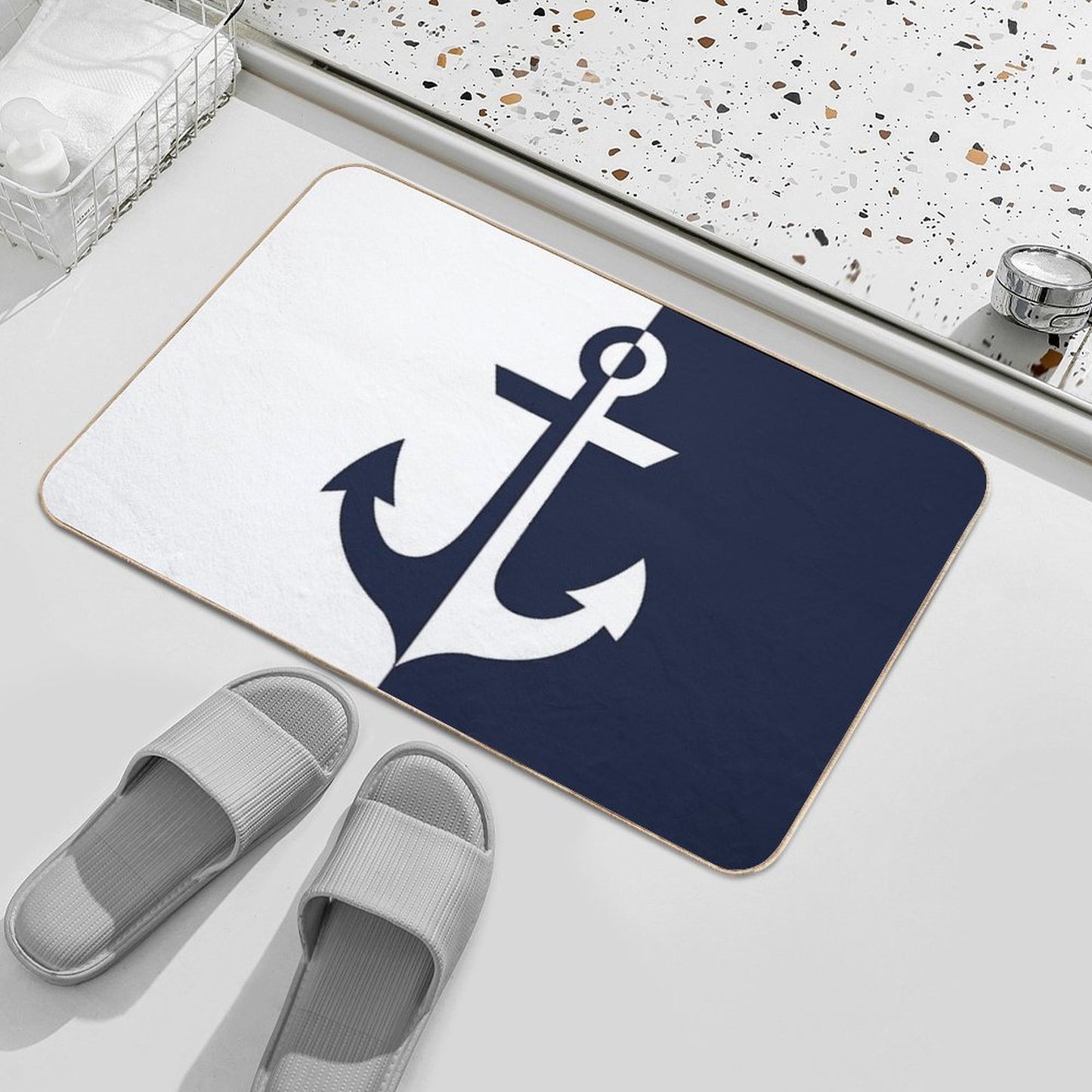 Nautical White And Navy Blue Anchor Absorbent Bath Mat