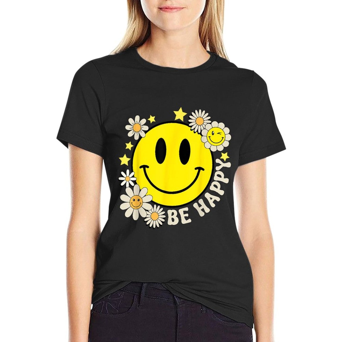 Retro Groovy Be Happy Smile Face Daisy Flower 70s  Classic T-Shirt
