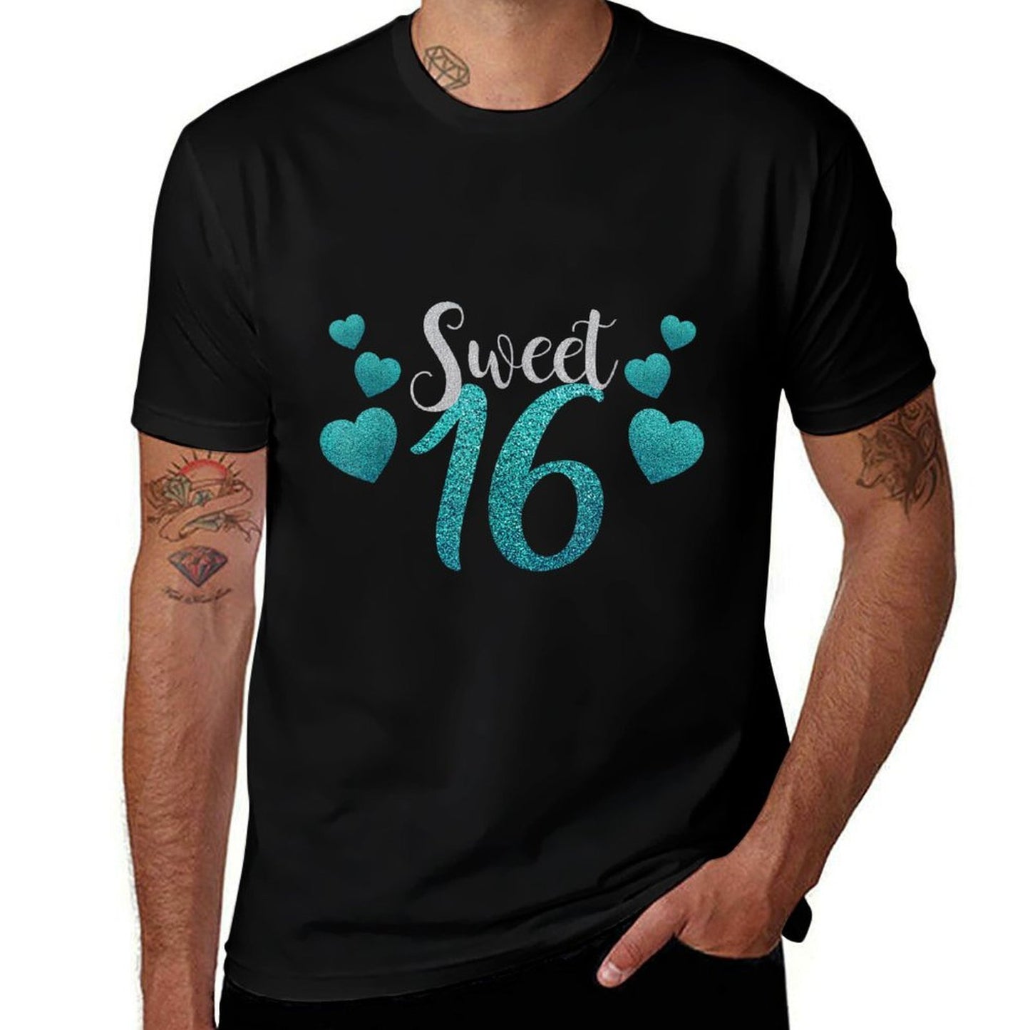 Sweet 16 With Blue Hearts Clothingn Girl Birthday Heathered Texture T-Shirt