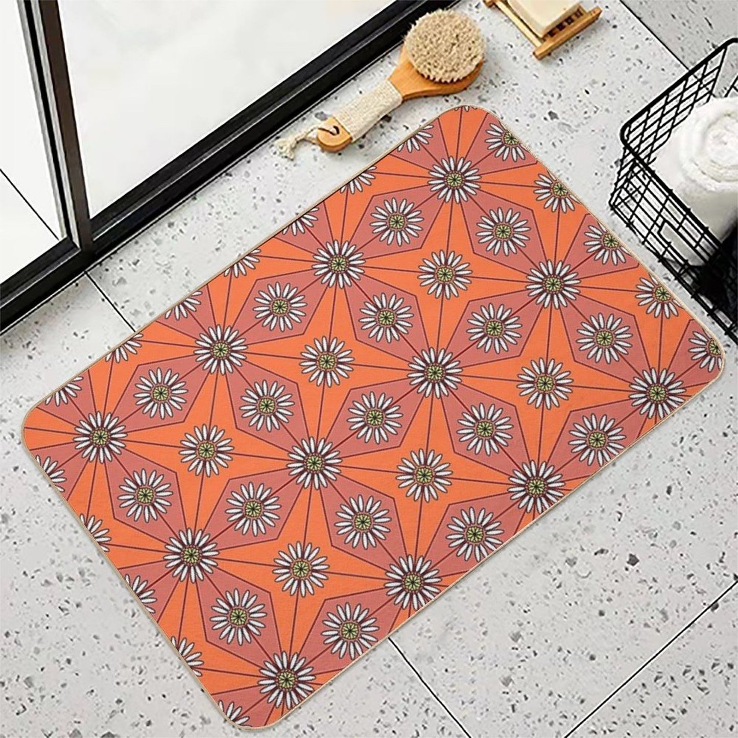 Geometric Daisies in Orange And Red High-Traffic Bath Mat
