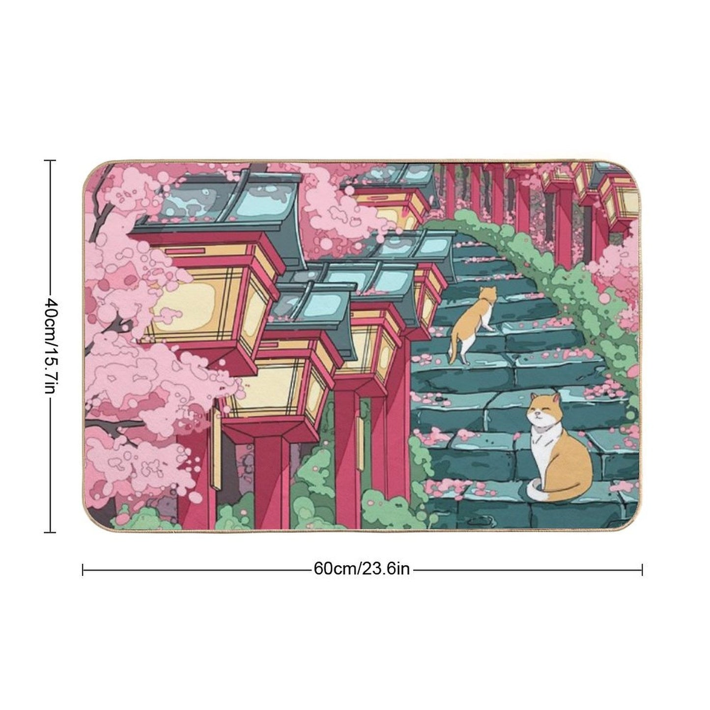 The Japanese Shrine, Cats And Pink Sakura Blossom Absorbent Bath Mat