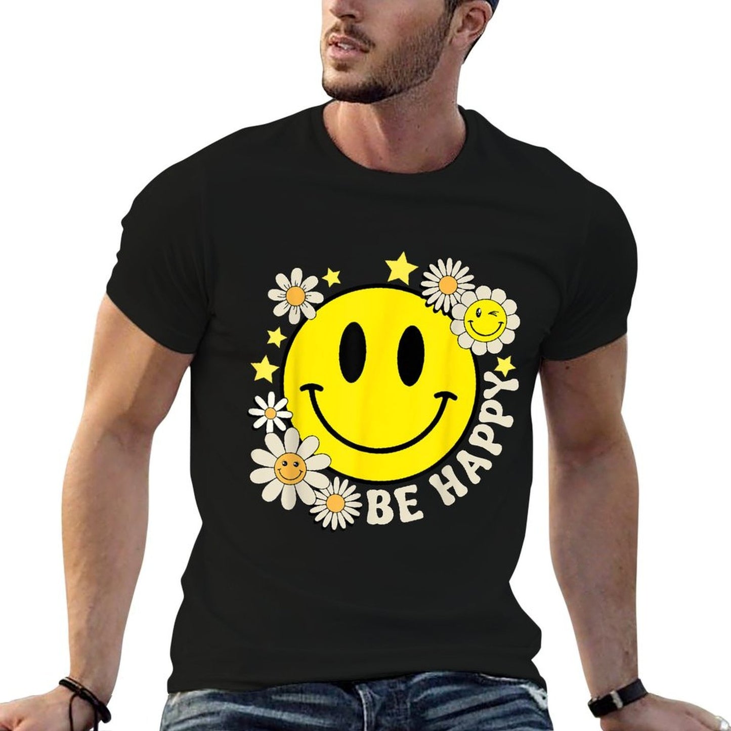 Retro Groovy Be Happy Smile Face Daisy Flower 70s  Classic T-Shirt