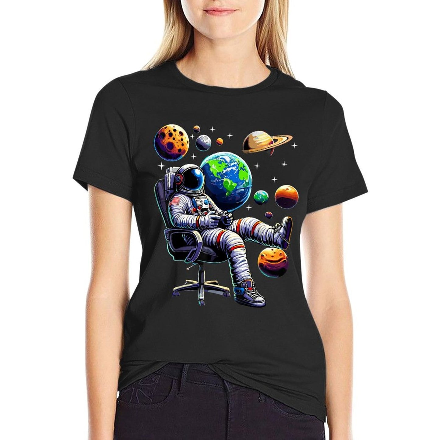Astronaut Gamer Space Gaming System Planets  Rolled Sleeves T-Shirt