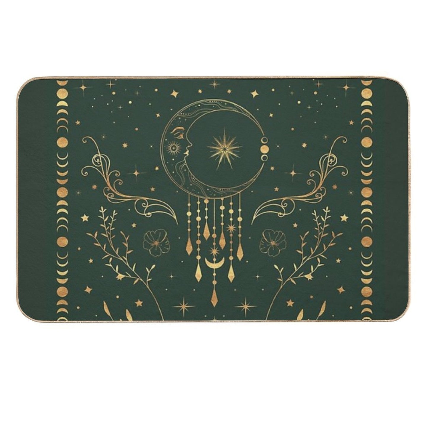 Sage Green And Gold Celestial Crescent Moon with Floral Accents And Moon Phase Tie Dye  Slip-Resistant Bath Mat