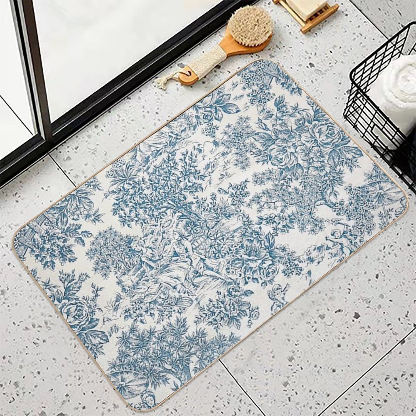 Powder Blue Romantic Flowers French Toile Design Absorbent Bath Mat