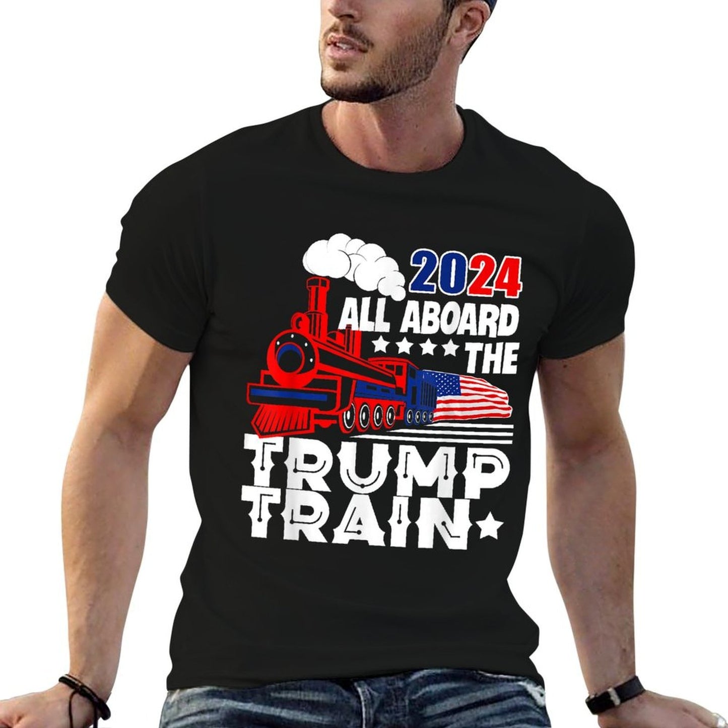 Trump 2024 All Aboard The Trump Train USA American Flag Summer-ready Fabric T-Shirt