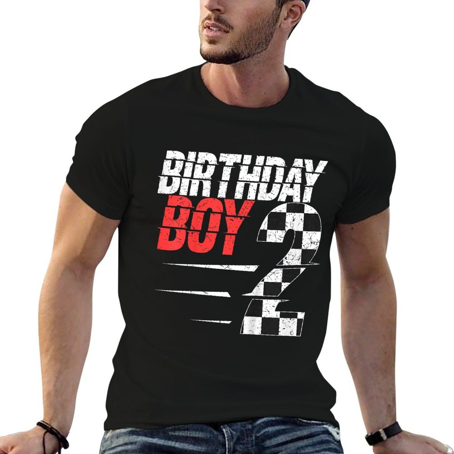Kids Birthday Boy 2 Two Racing Flag 2nd Birthday Race Car Toddler Rolled Sleeves T-Shirt