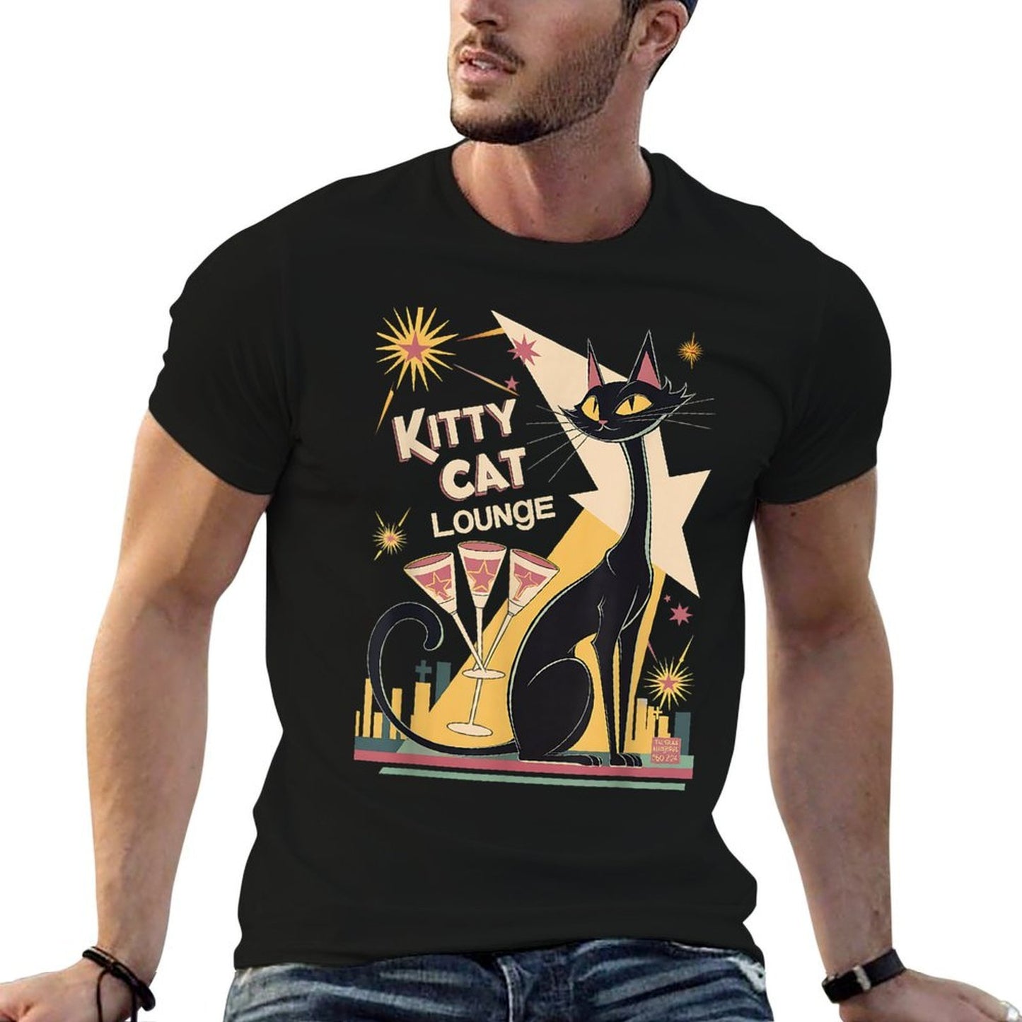 Retro Mid-Century Modern Cat And Cocktails Lounge Theme Fade-proof Color T-Shirt