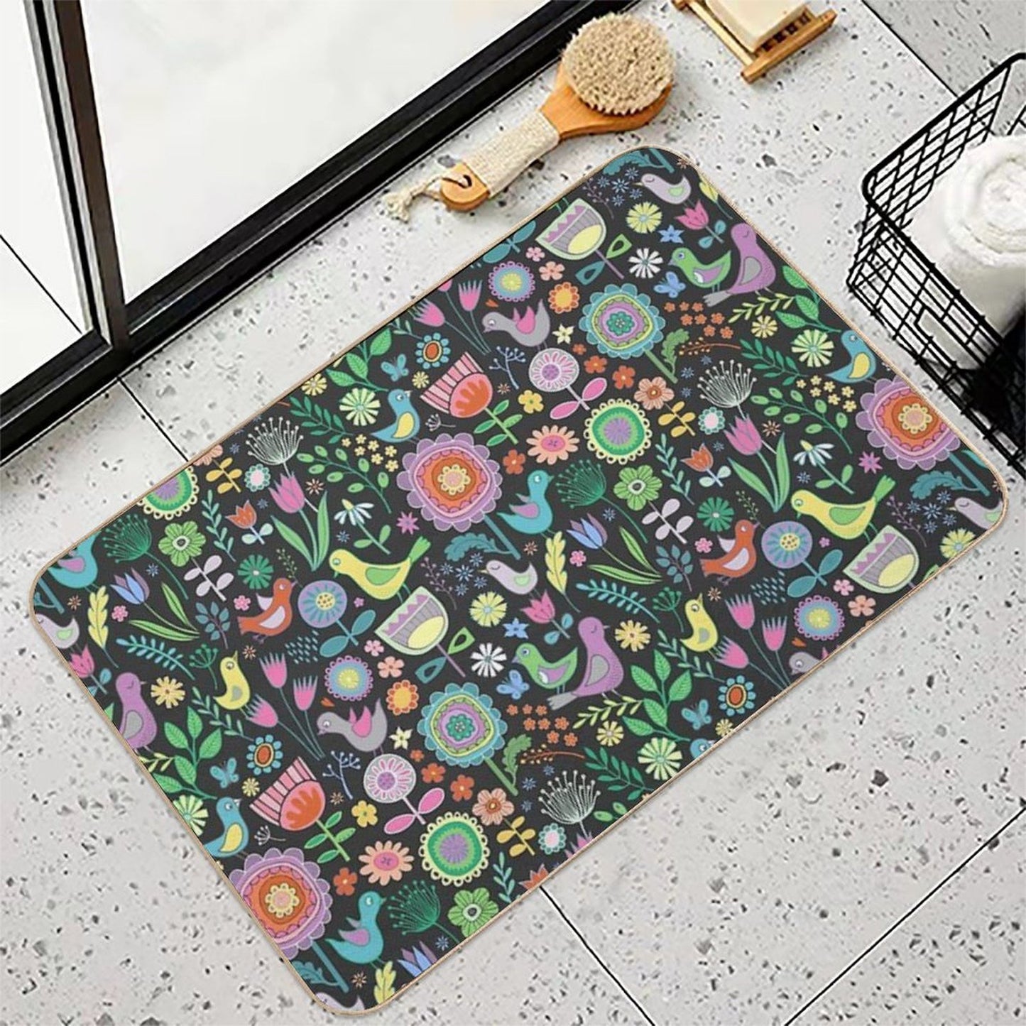 Birds And Blooms - Pastels on Black - Pretty Floral Bird Pattern by Cecca Designs Slip-Resistant Bath Mat