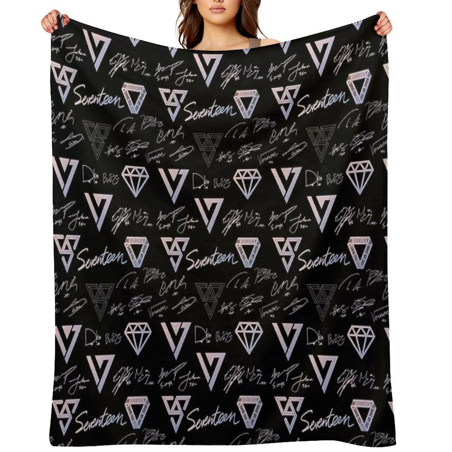 SEVENTEEN Signatures And Logos Pattern (Black) Multi-functional Throw Blanket
