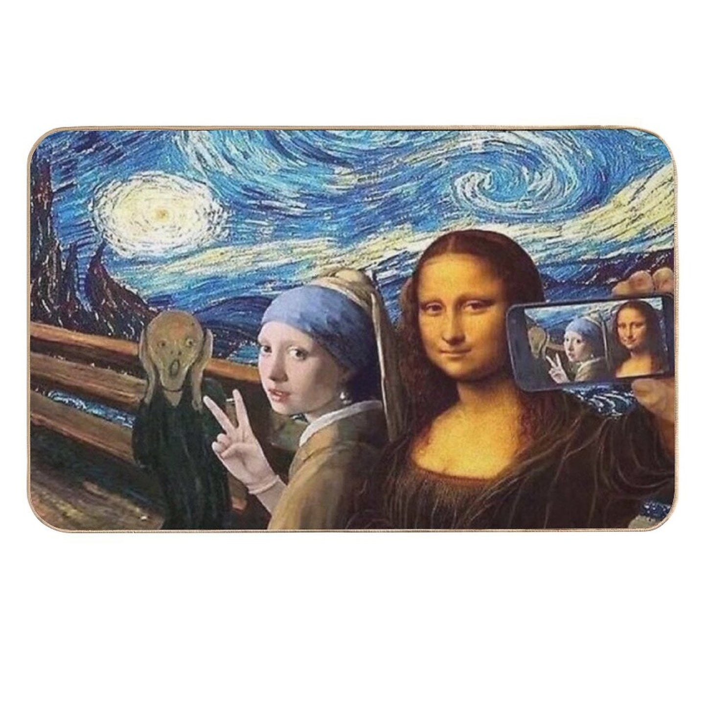 Scream And Selfie of Four Classical Paintings Mash Up - Mona Lisa, Girl with A Pearl Earring, The Scream, The Starry Night Dirt-Trapping Bath Mat