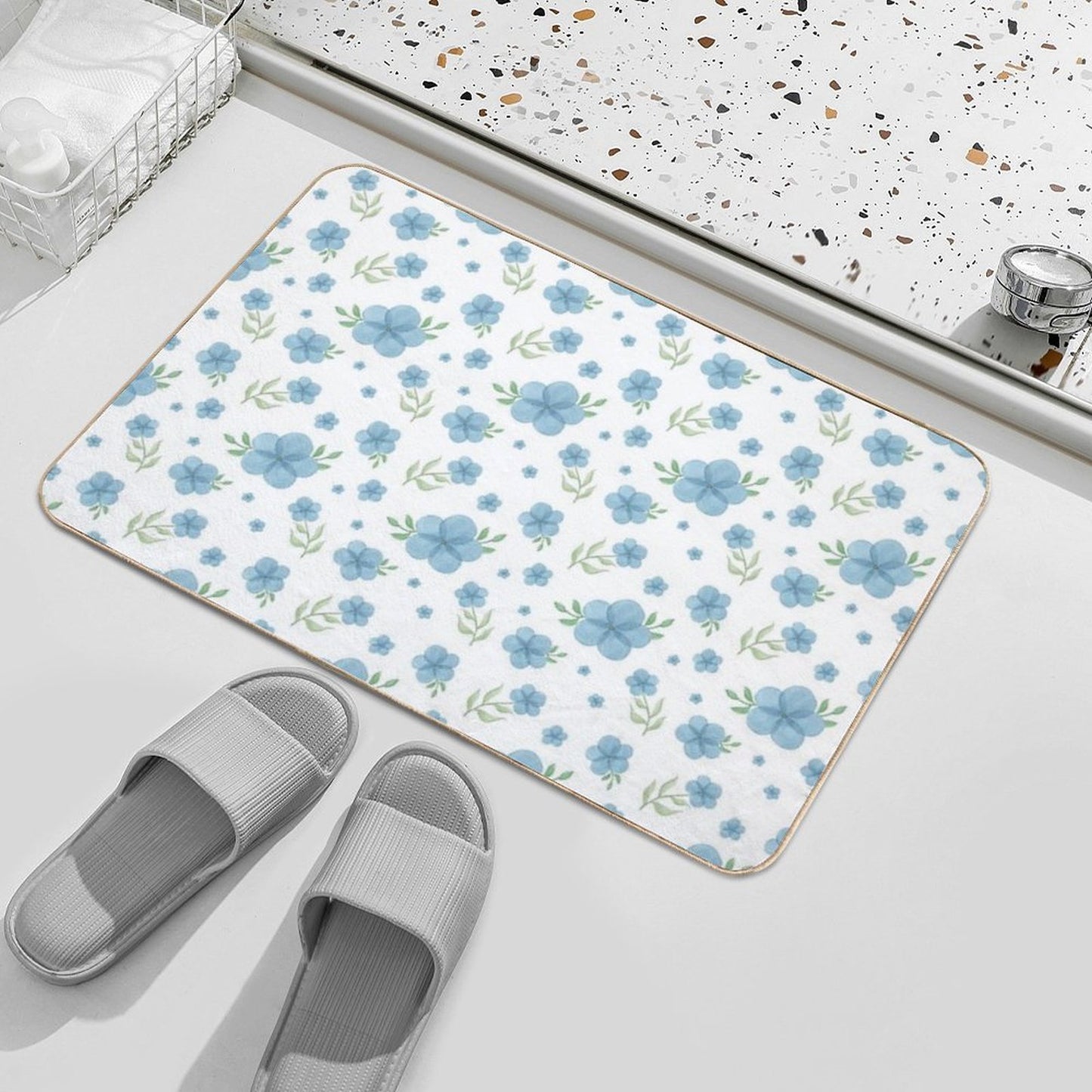Watercolor Blue Wild Flowers Pattern with White Background Long-Lasting Bath Mat