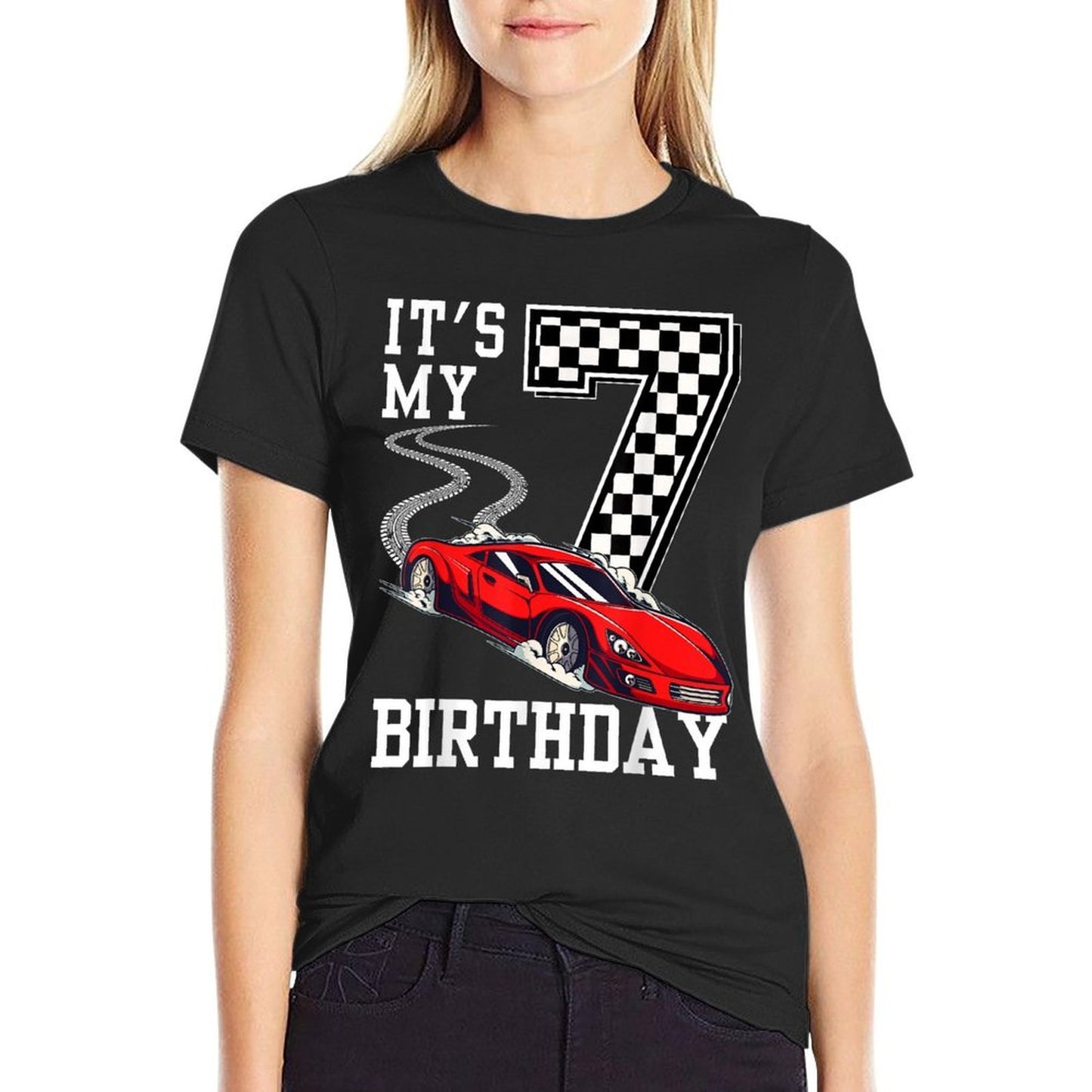 Kids It's My 7th Birthday Boys 7 Seven Racing Car Race Ribbed Collar T-Shirt