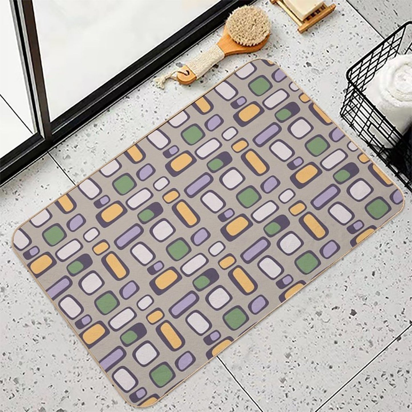 Colorful Retro Mid Century Aesthetic Squares Geometric Pattern Light Taupe Toxin-Free Bath Mat