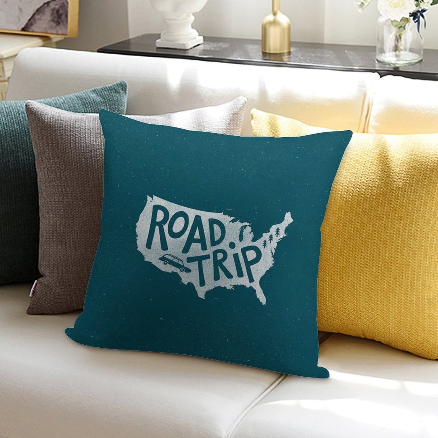 Road Trip USA - Blue Soft Luxury Feel Throw Pillow