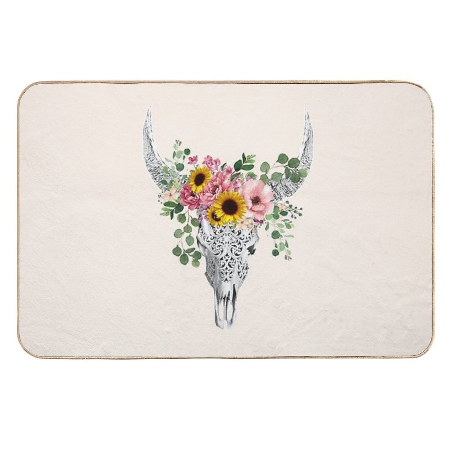 Watercolor Skull And Crown Pink Yellow Rose And Sunflowers Non-Slip Bath Mat