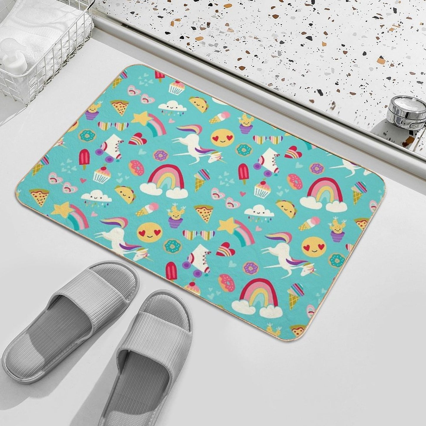 Tween Girl Icons Rainbows Emojis Unicorns Roller Skates Pet-Safe Bath Mat