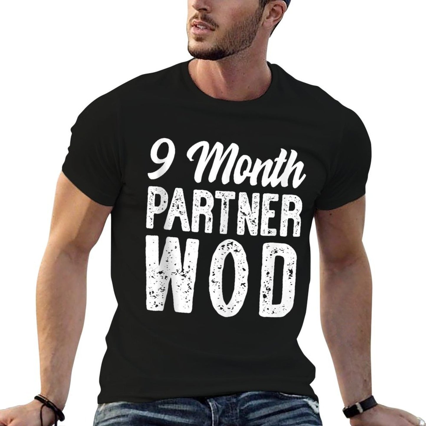 9 Month Partner WOD Workout Running Pregnancy Announcement Ribbed Collar T-Shirt