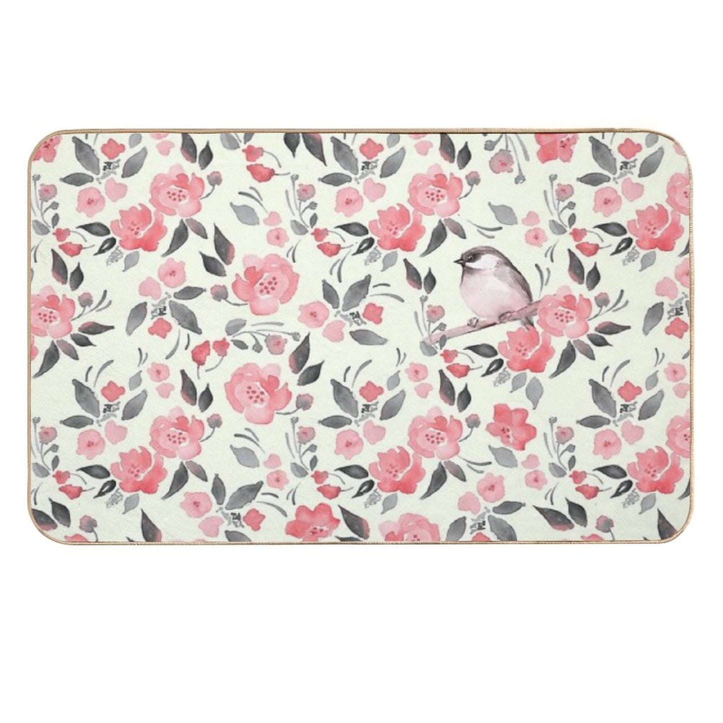 Bird And Red Flowers. Spring Watercolor Pattern Slip-Resistant Bath Mat