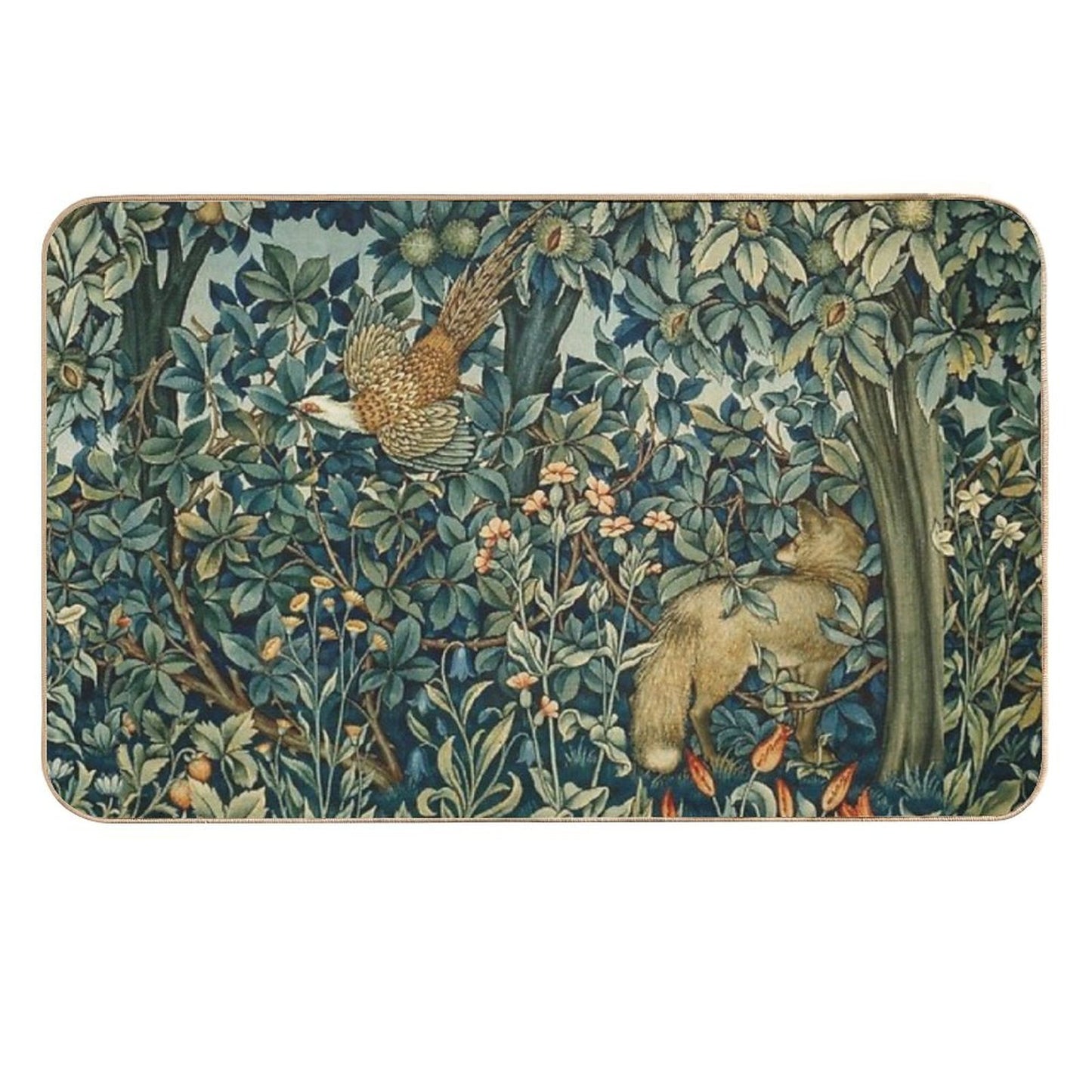 GREENERY, FOREST ANIMALS Pheasant And Fox Blue Green Floral Tapestry Dirt-Trapping Bath Mat