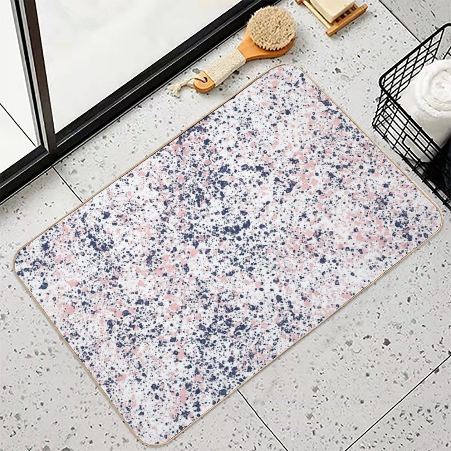 Navy Blue And Blush Pink Ink Spatter on White Fade-Resistant Bath Mat