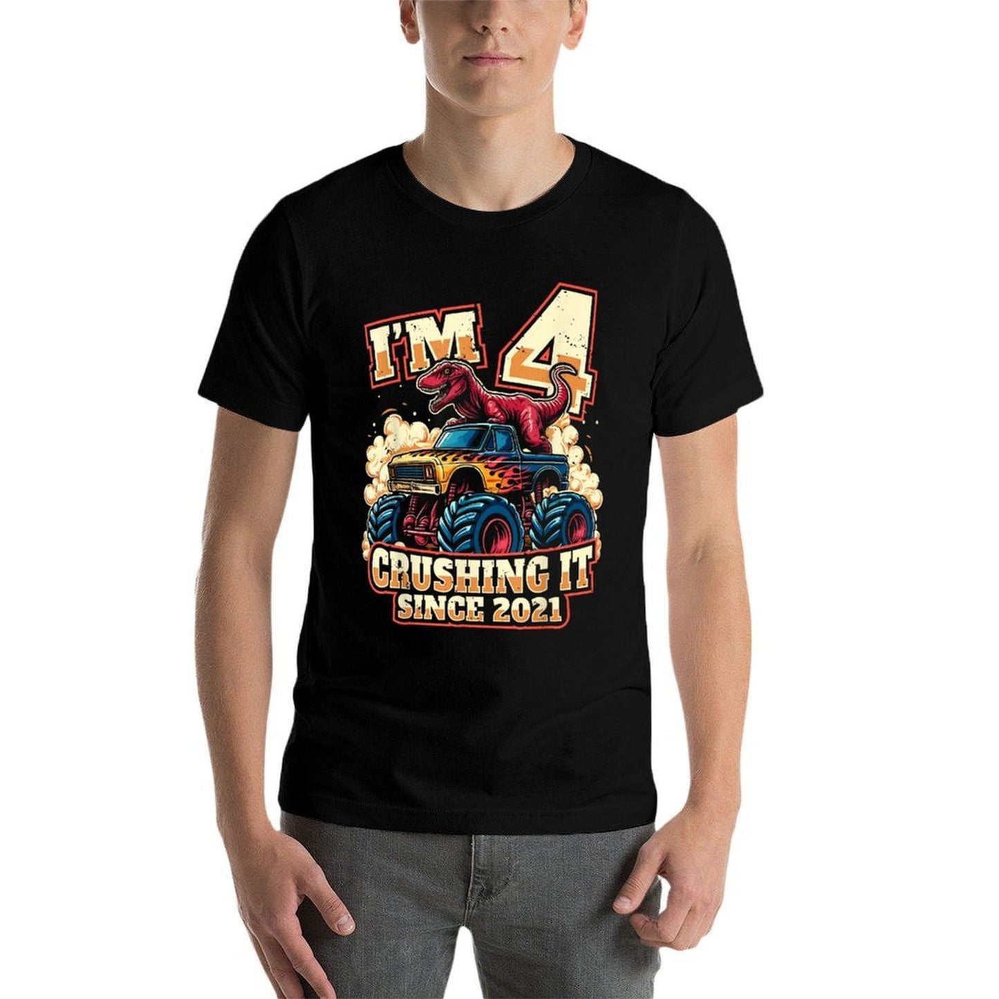 4 Year Old Boys 4th Birthday Dinosaur Monster Truck Party Rolled Sleeves T-Shirt