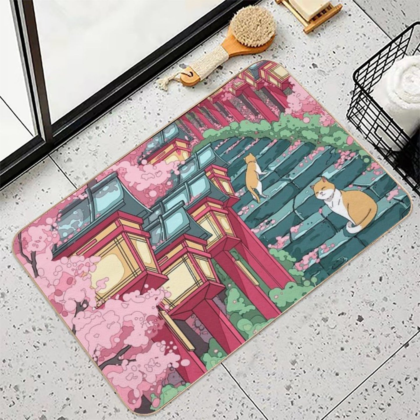 The Japanese Shrine, Cats And Pink Sakura Blossom Absorbent Bath Mat