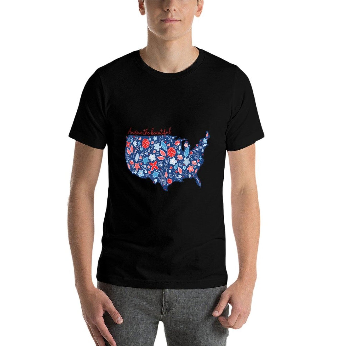 America The Beautiful Floral Patriotic Independence Day Slim-fit Cut T-Shirt