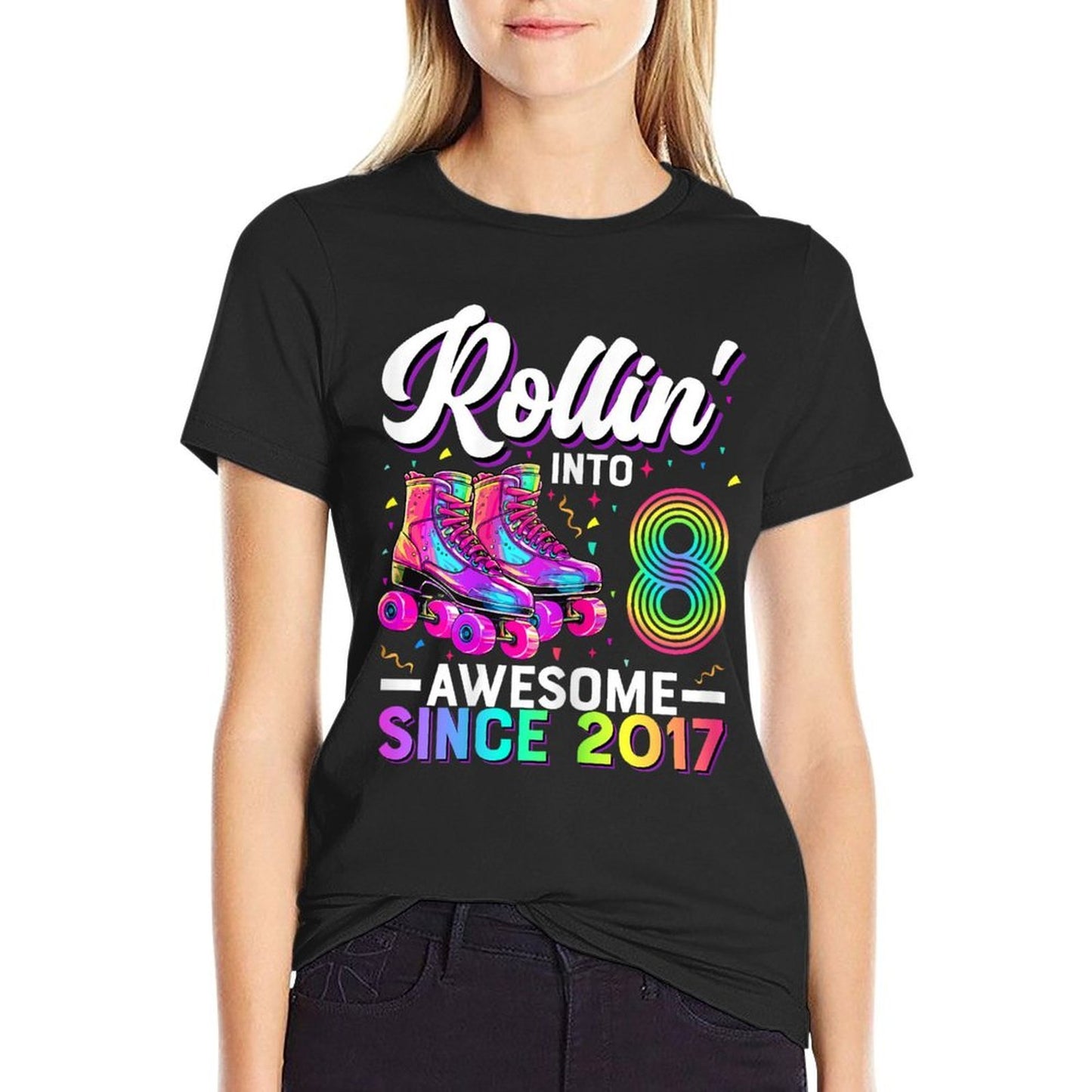 8th Birthday Girl 8 Year Old Roller Skate Skating Wrinkle-resistant T-Shirt