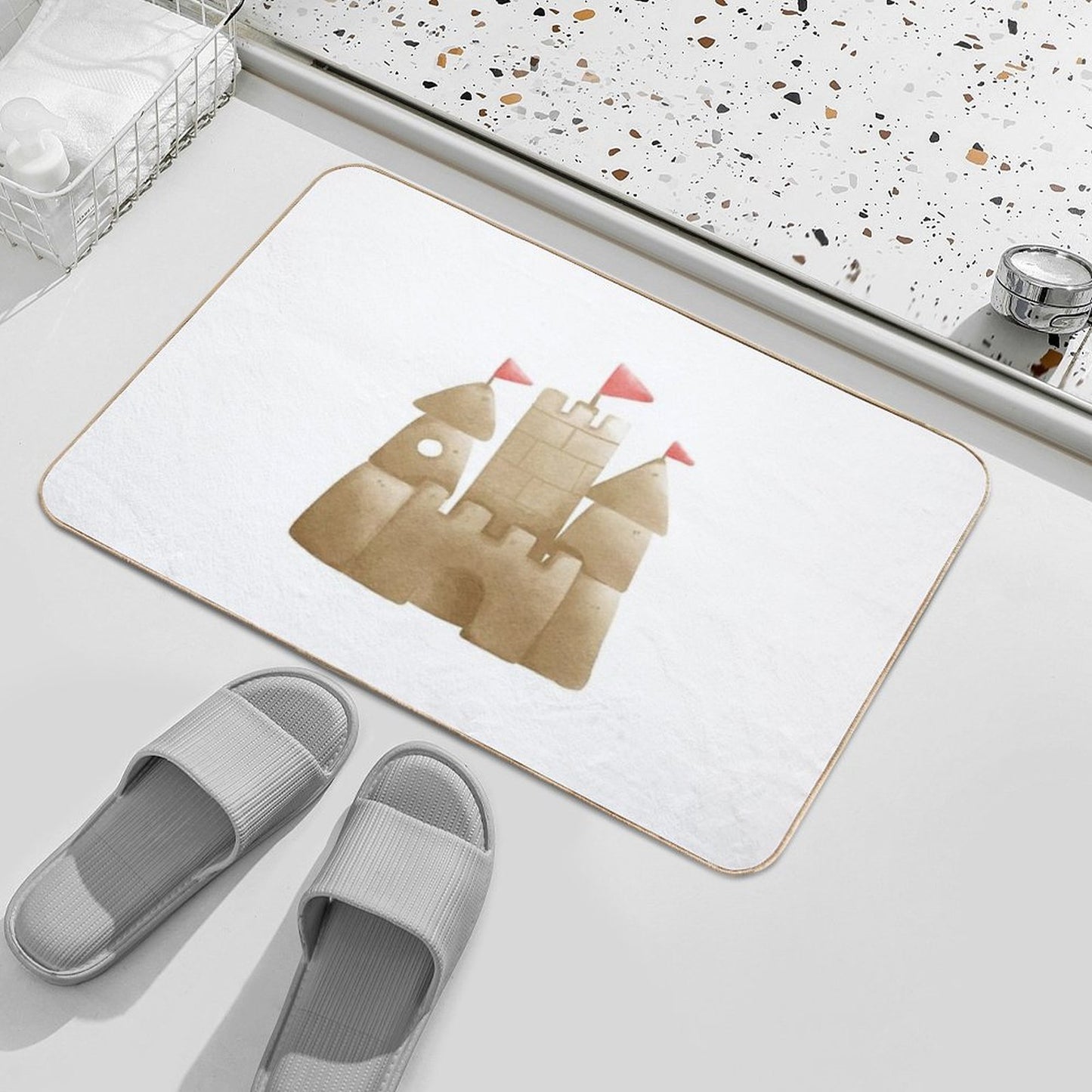 Cute Sandcastle with Flags - Beach Summer Illustration Absorbent Bath Mat