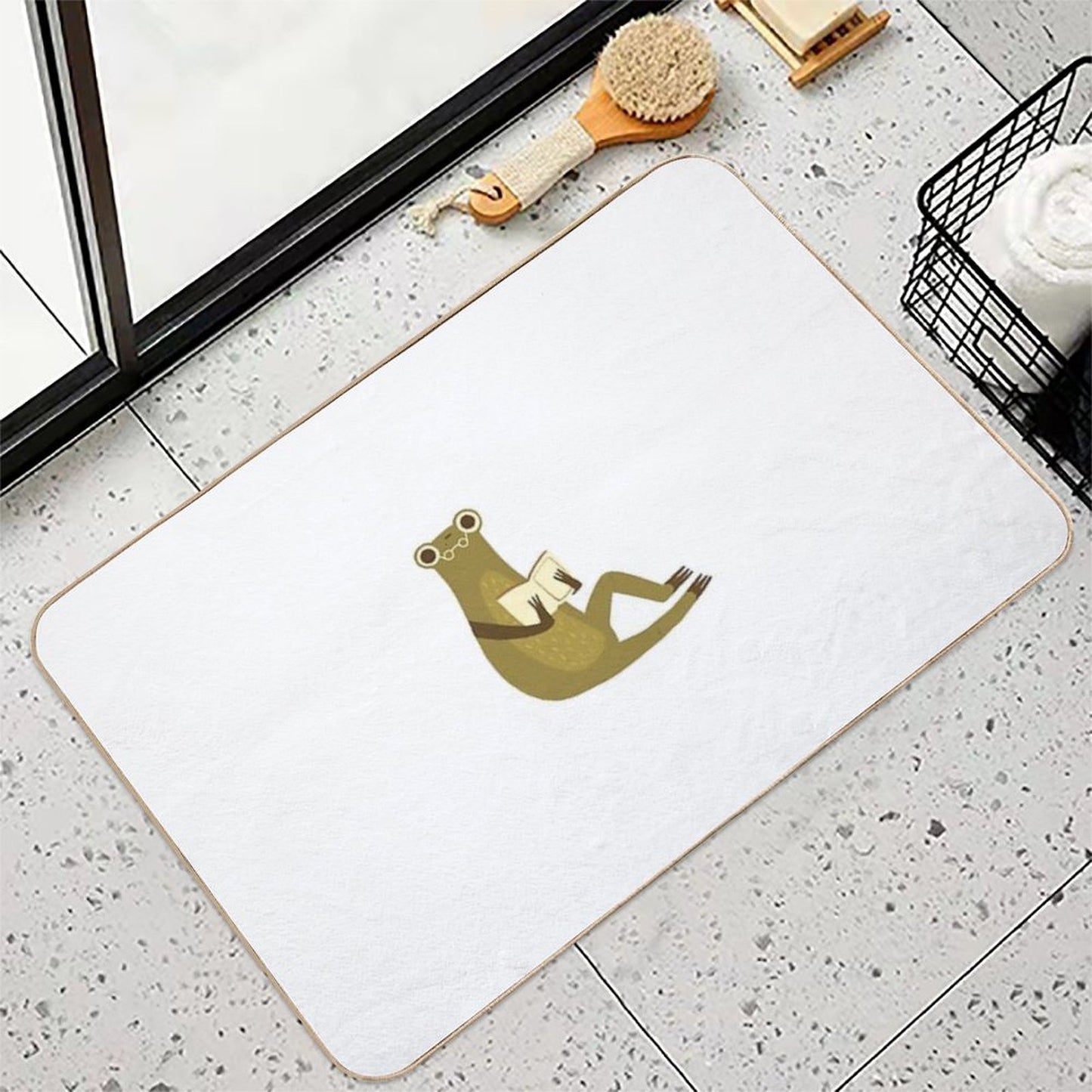 Cute Frog with Glasses Reading A Book Absorbent Bath Mat
