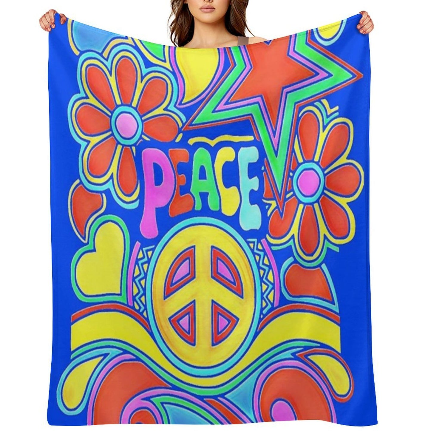 Peace And Love Flower Power Hippy Design Premium Throw Blanket