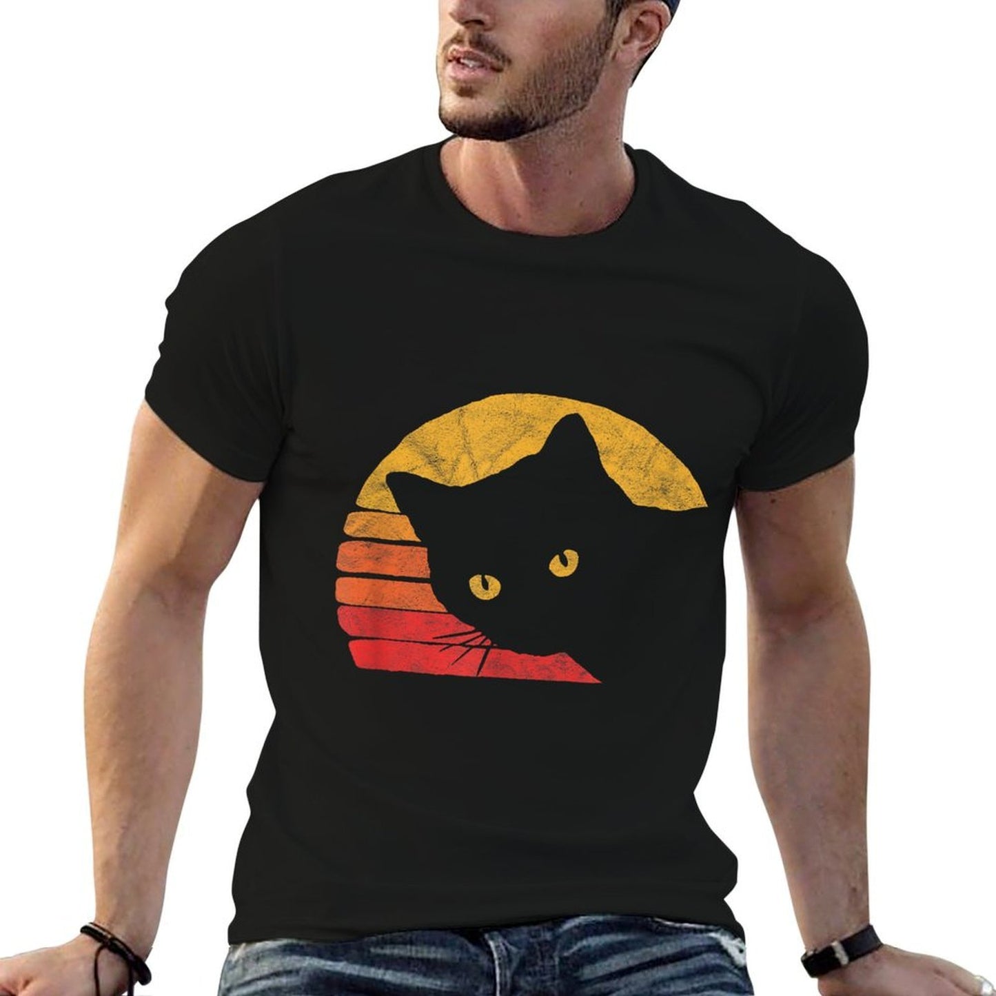Vintage Eighties Style Cat Retro Distressed Design Durable T-Shirt