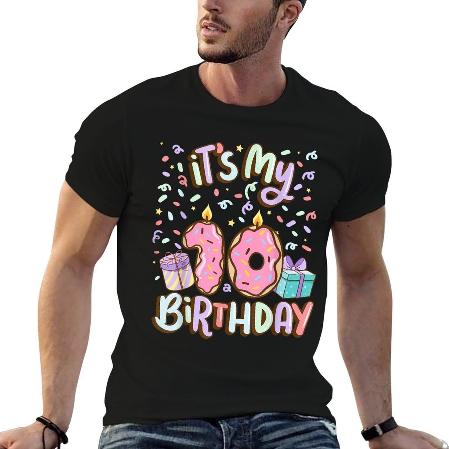 It's My 10th Birthday Cake Donut 10 Year Old Confetti High-quality Stitching T-Shirt
