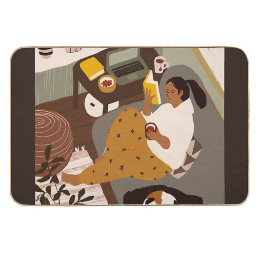 Girl Is Reading A Book at Cozy Home Interior with A Cat  Anti-Trip Bath Mat