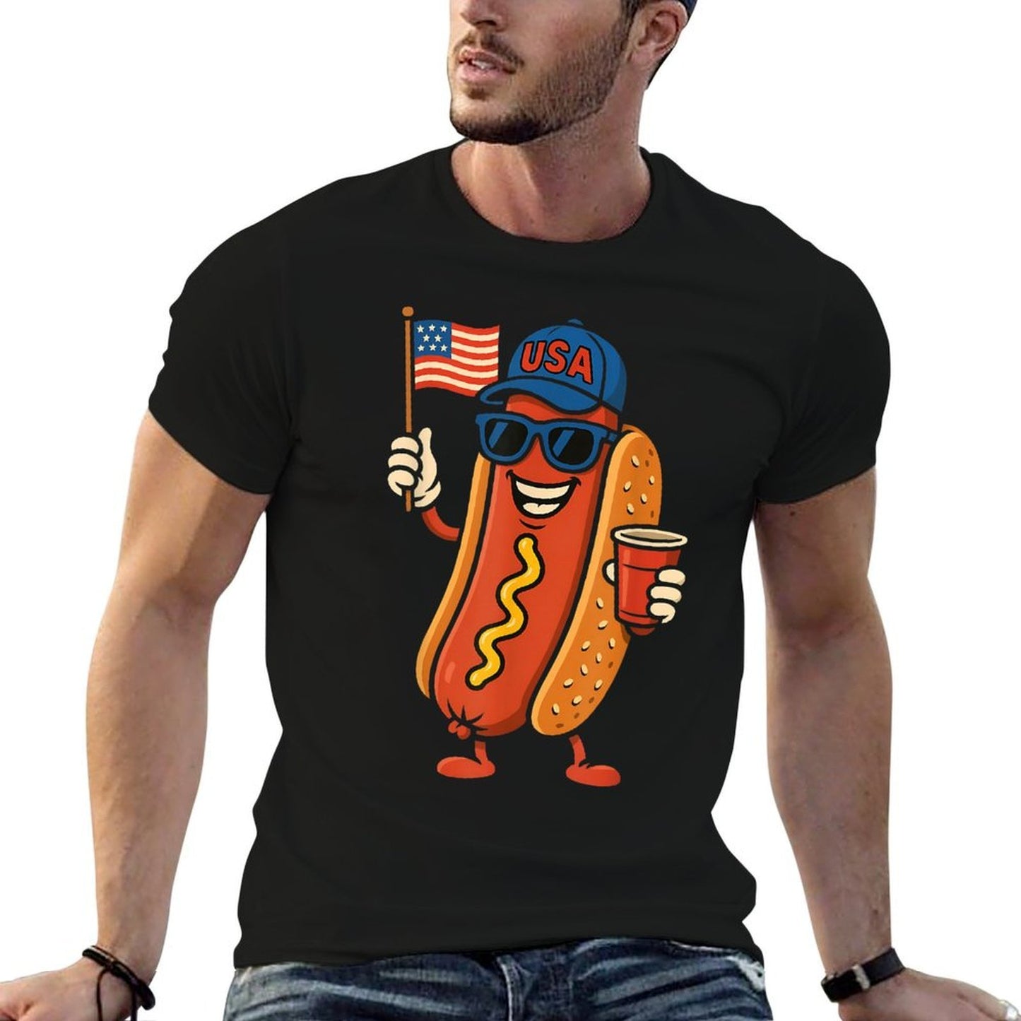 4th of July Hotdog Funny Fourth of July Patriotic USA Heathered Texture T-Shirt
