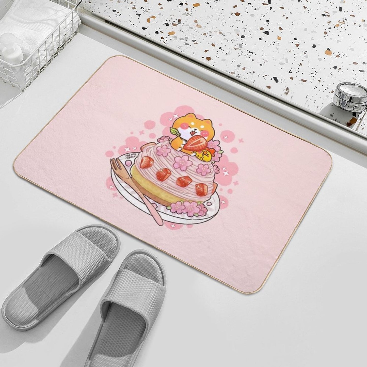 Cute Shiba Inu Sakura Mont Blanc Cake Fade-Resistant Bath Mat