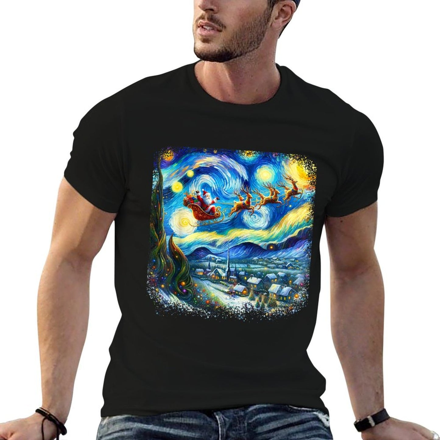 Van Gogh Starry Night Santa Christmas Winter Snowy Night Stretchy T-Shirt