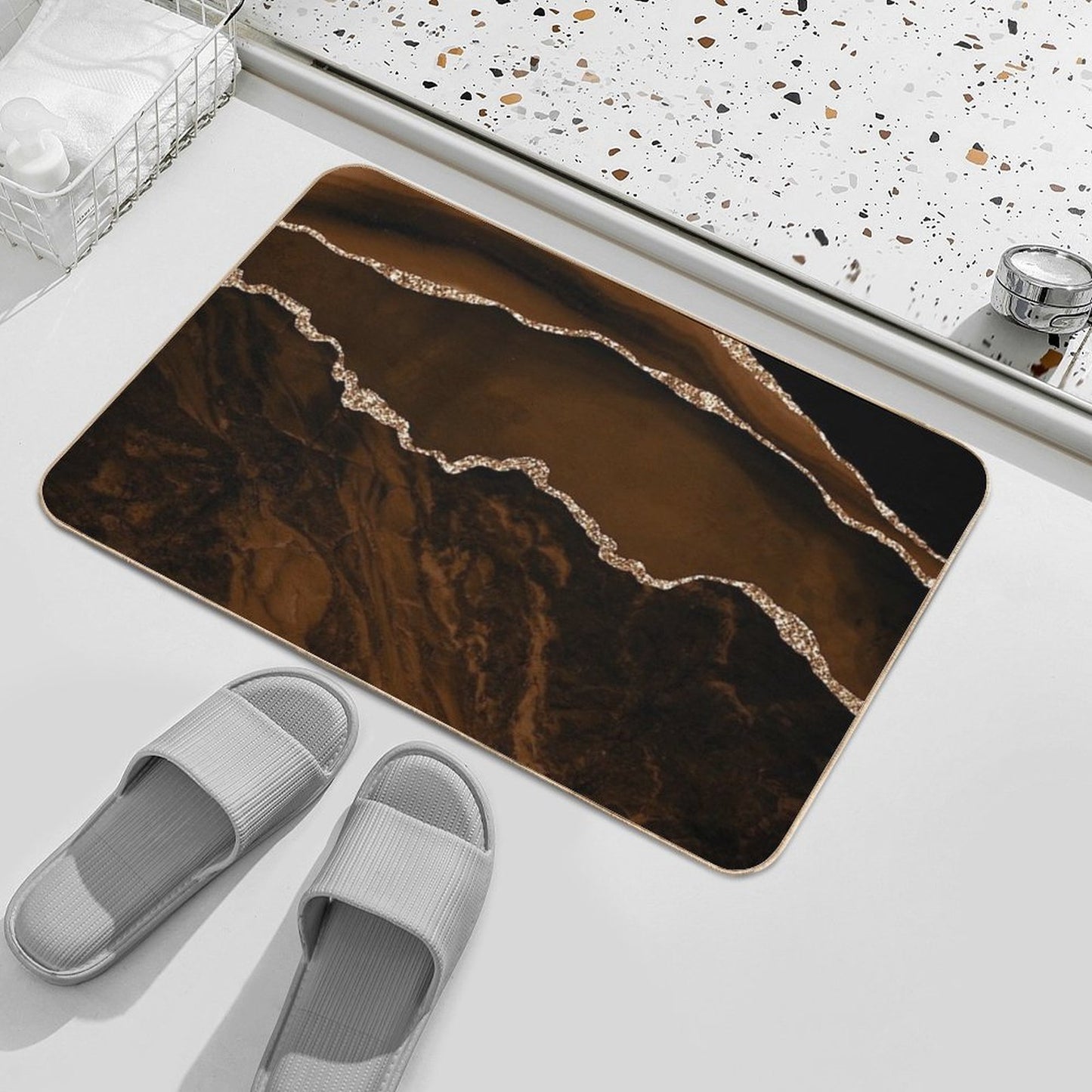 Abstract Brown & Gold Modern Geode Agate Design Repositionable Bath Mat