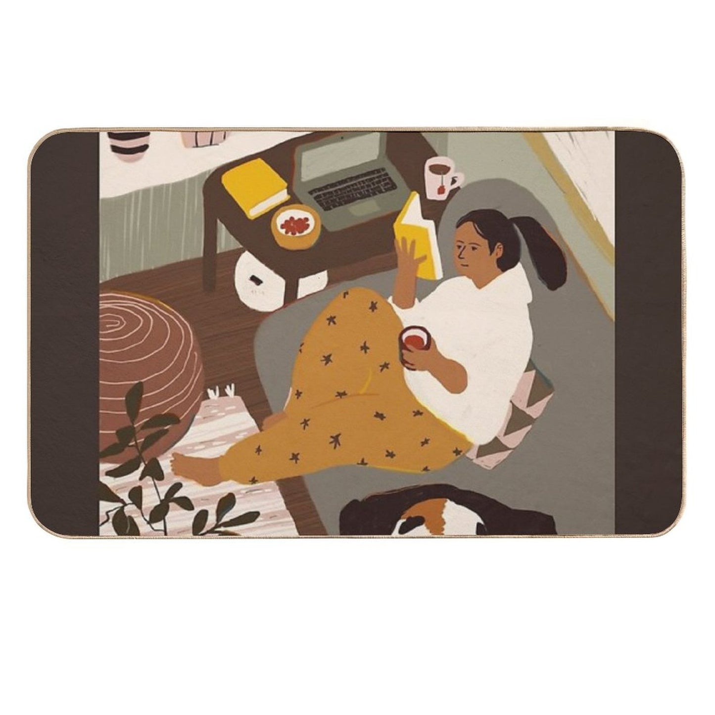 Girl Is Reading A Book at Cozy Home Interior with A Cat Anti-Trip Bath Mat