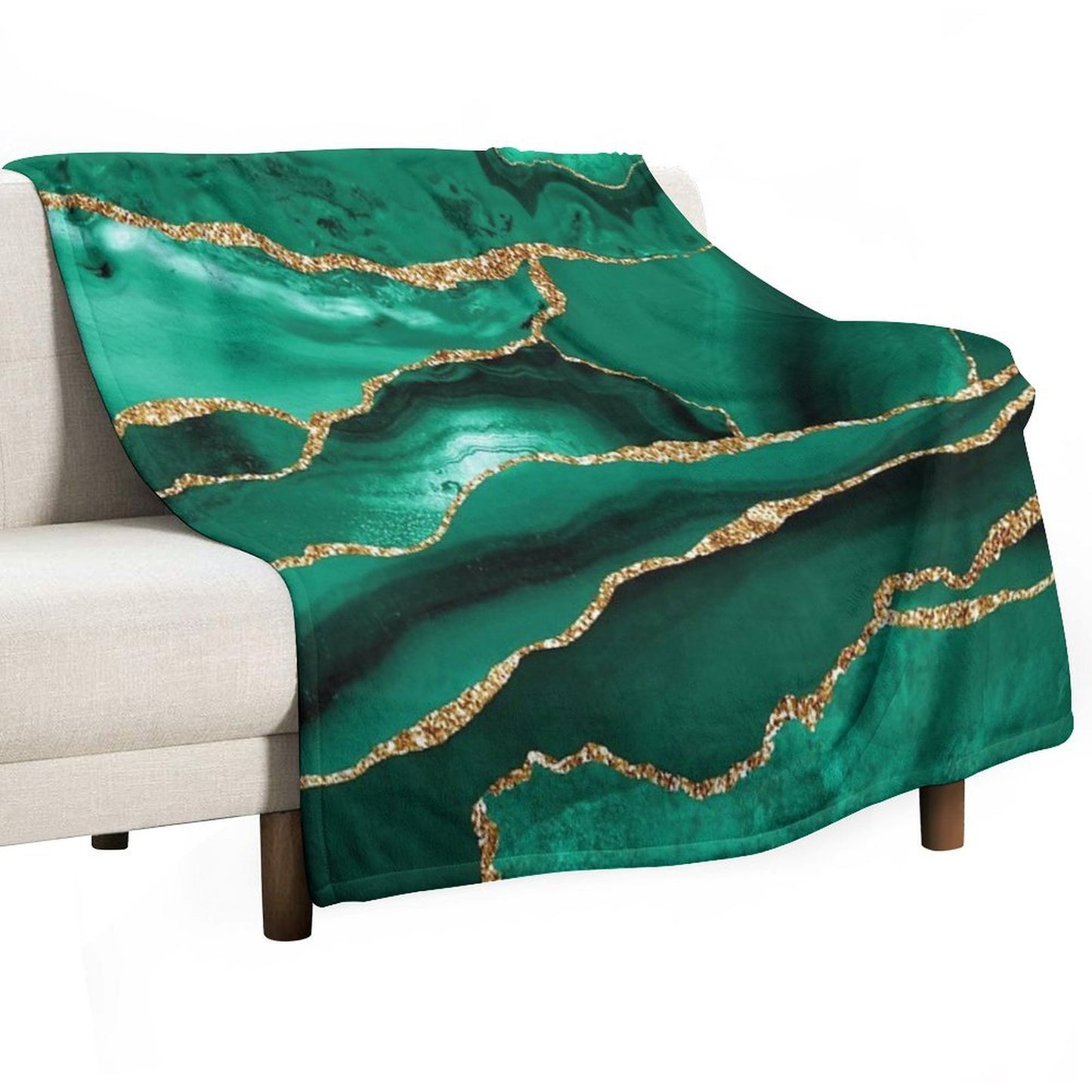 Emerald Green Malachite Faux Marble With Gold Glitter Quick-dry Throw Blanket