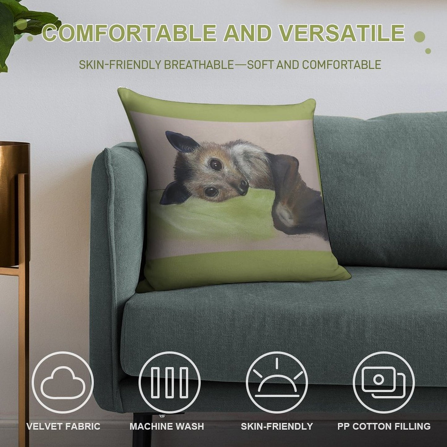 Batzilla - Safely Resting by Louise Saunders Soft Durable Construction Throw Pillow