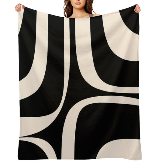 Retro Groove Abstract Minimal Pattern Black And Almond Cream Machine-washable Throw Blanket
