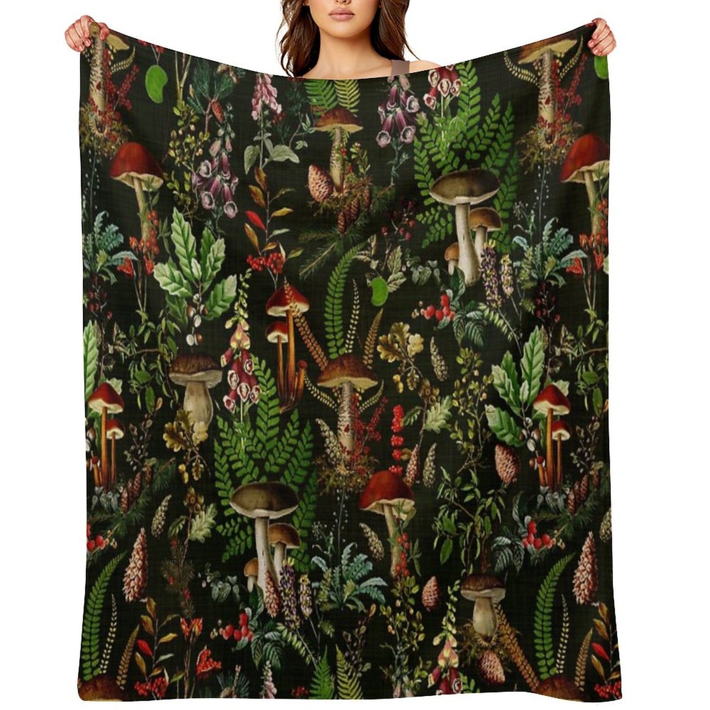 Vintage Mushrooms Forest Botanical Pattern - Black Botanical Night Garden Nightgarden Sustainable Throw Blanket