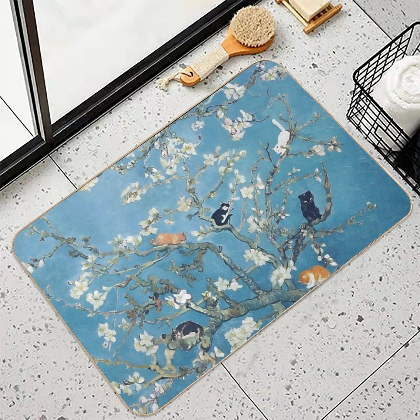Van Gogh Cute Cats in Almond Blossom Dirt-Trapping Bath Mat