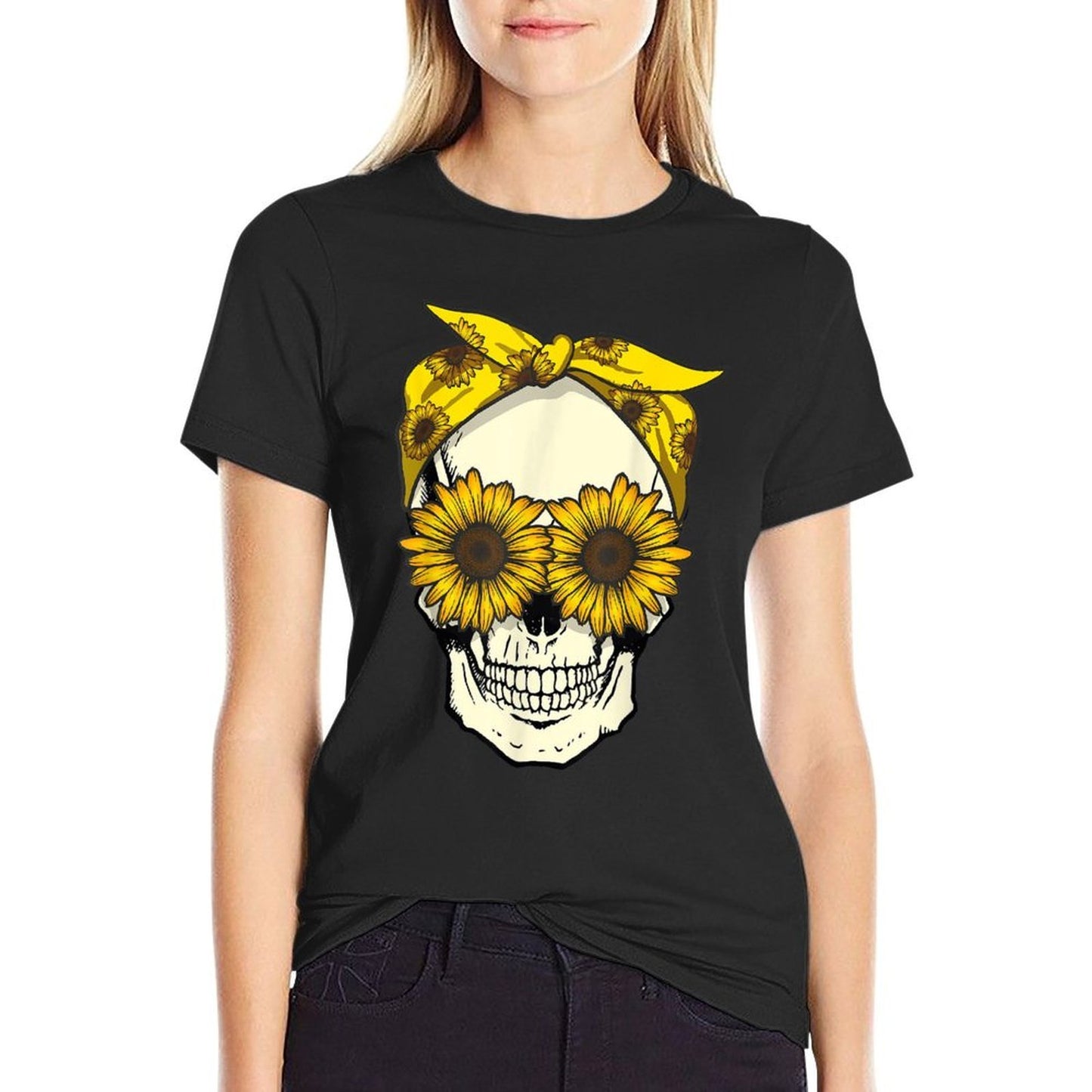 Skull Sunflower Bandana Floral Sun Flowers Pattern Cute Goth Slim-fit Cut T-Shirt
