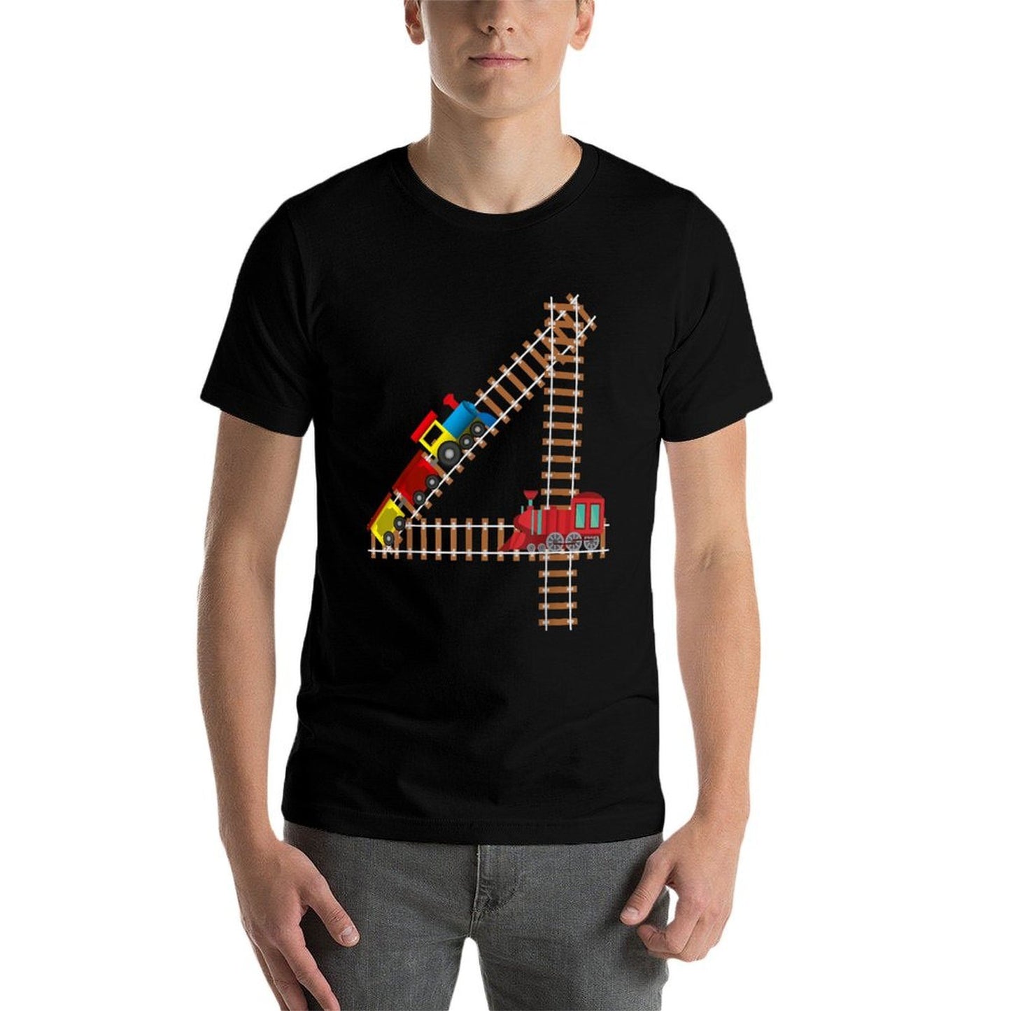 Kids 4th Birthday Train Boys Girls Fun 4 Year Old Train Ribbed Collar T-Shirt