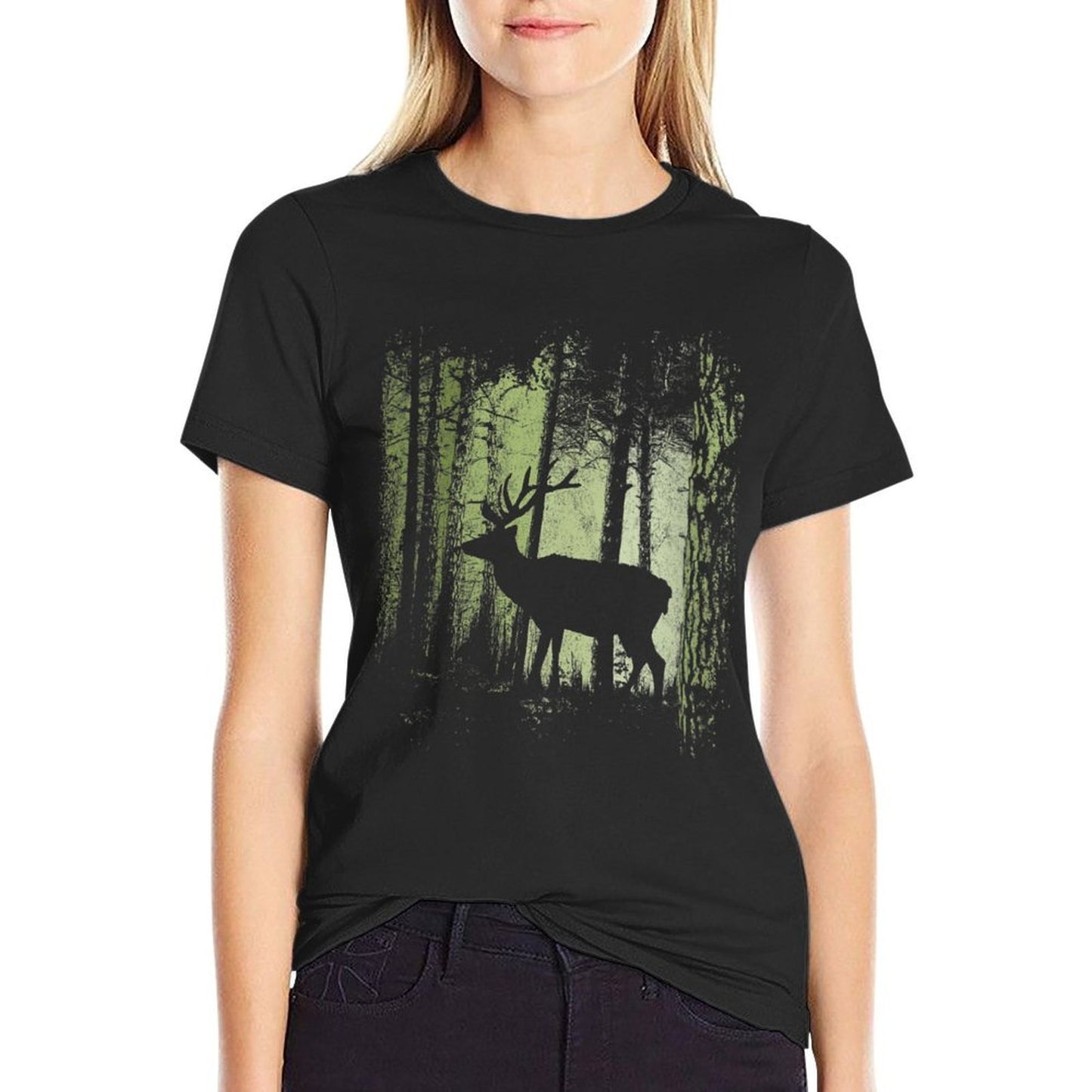Womens Twilight Forest Wildlife Deer Stag Silhouette Stretchy T-Shirt