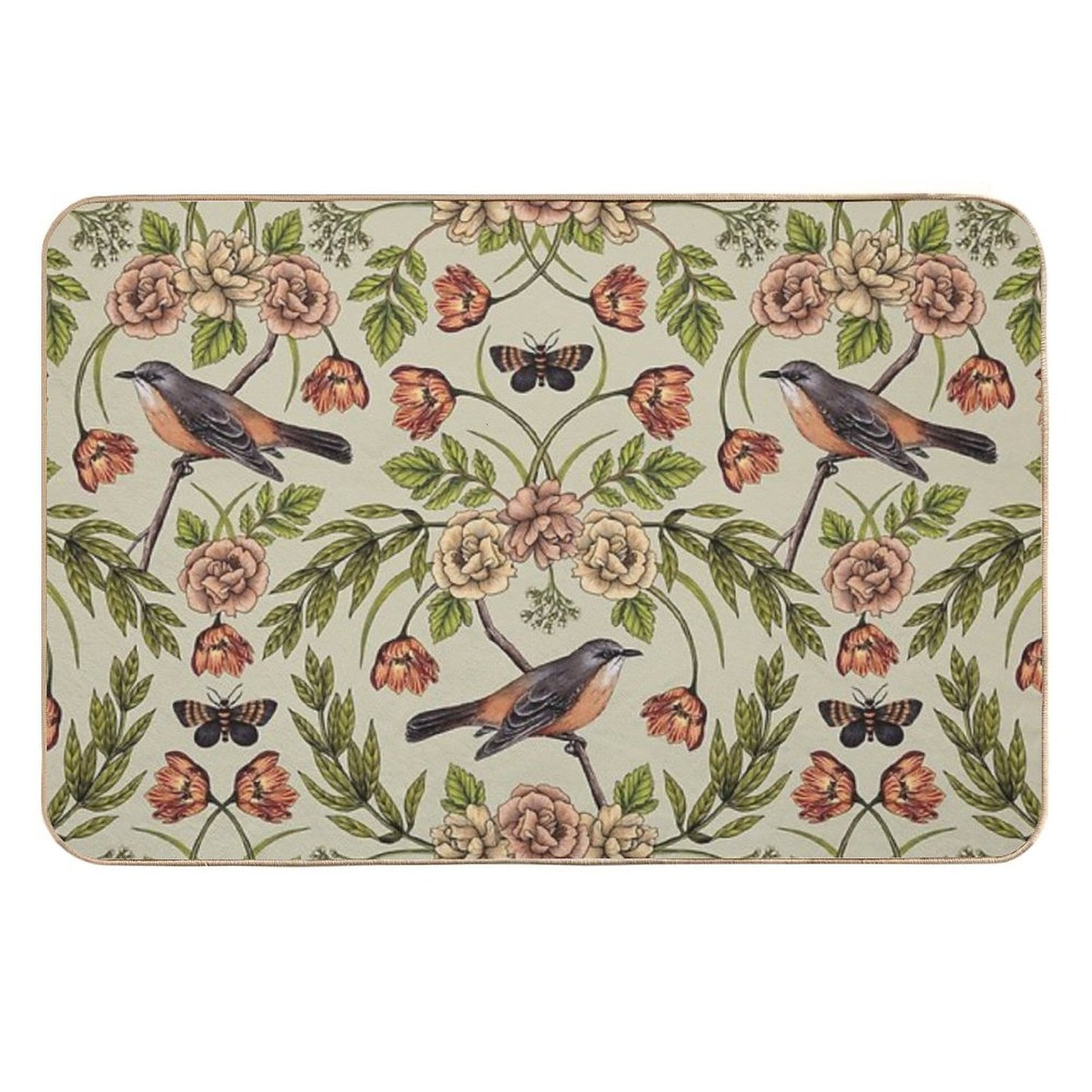 In The Garden - Nature Pattern W Birds, Flowers & Moths Non-Slip Bath Mat